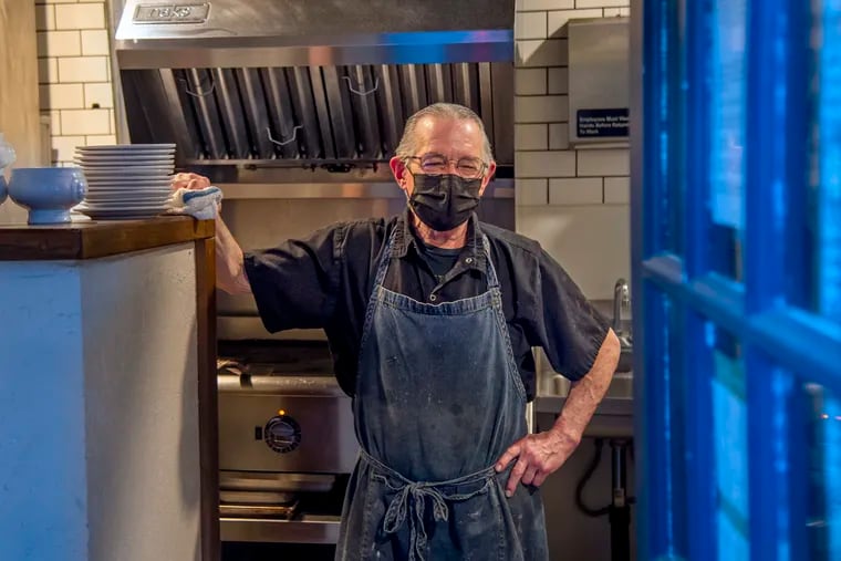 Chef Alan Lichtenstein pausing in the kitchen of The Little Hen in Haddonfield on its reopening day.