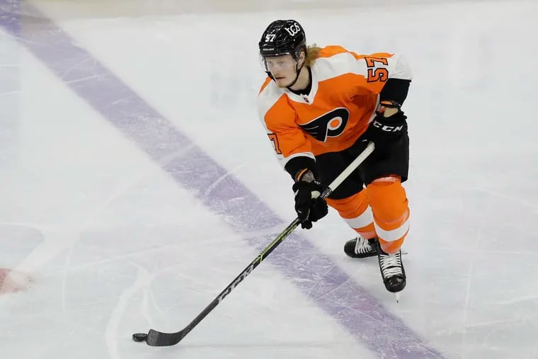 Flyers right wing Wade Allison skates with the puck against the New Jersey Devils on Monday, May 10, 2021.