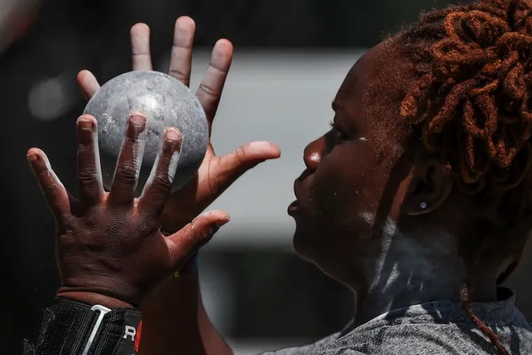 Joy Edward of Troy prepares to compete in the College Women's Shot Put on the second day of the Penn Relays.