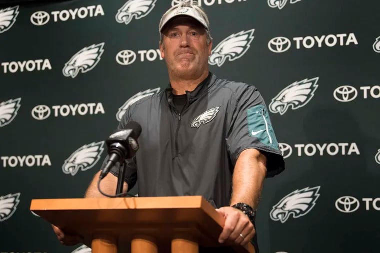 Philadelphia Eagles head coach Doug Pederson takes questions from the media before practice at the NFL football team's facility, Wednesday, June 6, 2018, in Philadelphia. 