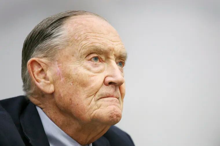FILE- In this May 20, 2008, file photo John Bogle listens during an interview at The Associated Press in New York. The surge in popularity for index funds is a product of their lower fees, better performance and the preaching of Bogle, the founder of Vanguard Group, which launched the first index mutual fund for individual investors in 1976. Bogle died Wednesday, Jan. 16, 2019, at 89 after pushing for years to keep costs down and widen access to index funds. (AP Photo/Mark Lennihan, File)
