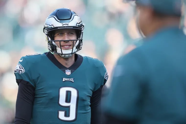 Eagles quarterback Nick Foles smiles during warmups before a victory over the Houston Texans at Lincoln Financial Field on Sunday, Dec. 23, 2018.