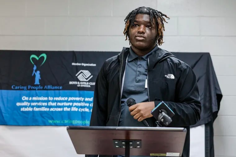 Shakeem Smith, 19, one of the first participants at Caring People Alliance's teen program in North Philadelphia, speaks at the opening event for the new Caring People Alliance teen center in South Philly on Wednesday, Jan. 31, 2024.