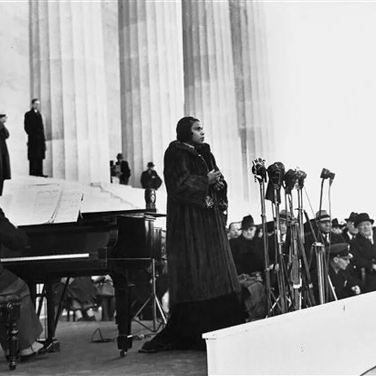 Singer Marian Anderson performs on the steps of the Lincoln Memorial on April 9, 1939, after she had been refused permission to perform in Washington's Constitution Hall by the hall's owners, the Daughters of the American Revolution.