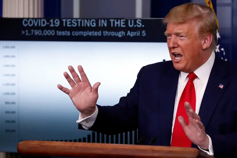 President Donald Trump speaks about the coronavirus in the James Brady Press Briefing Room of the White House, Monday, April 6, 2020, in Washington.