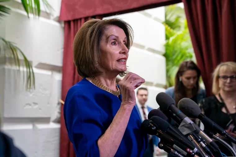 Speaker of the House Nancy Pelosi, D-Calif., responds to reporters as she departs after meeting with all the House Democrats, many calling for impeachment proceedings against President Donald Trump after his latest defiance of Congress by blocking his former White House lawyer from testifying yesterday, at the Capitol in Washington, Wednesday, May 22, 2019.