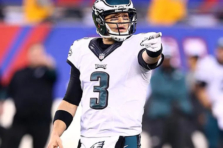 Philadelphia Eagles quarterback Mark Sanchez (3) calls a play at the line against the New York Giants during the fourth quarter at MetLife Stadium. The Eagles defeated the Giants 34-26. (Brad Penner/USA Today)