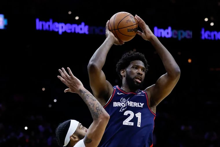 Sixers center Joel Embiid had 30 points, 11 rebounds and 11 assists in a rout of the Lakers on Monday.