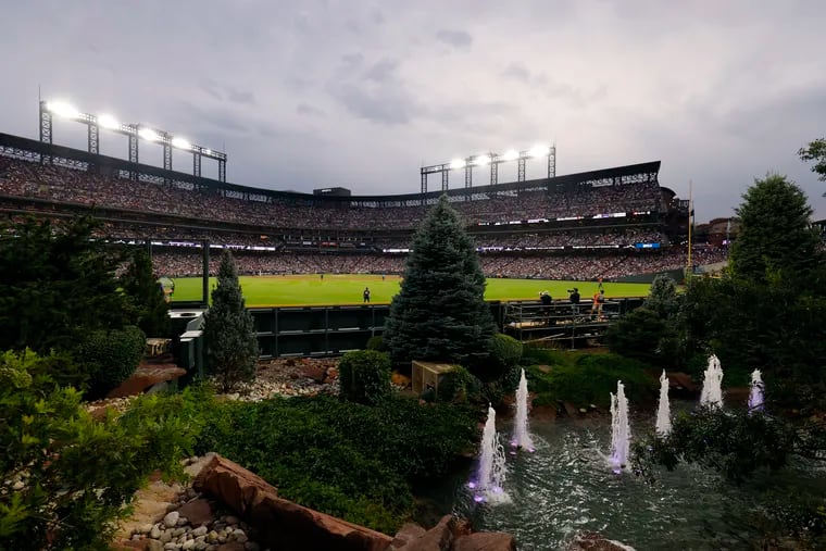 A view of Coors Field from the forest just behind the outfield. On Friday, Phillies slugger Brandon Marsh did a little exploring through the in-stadium foliage.