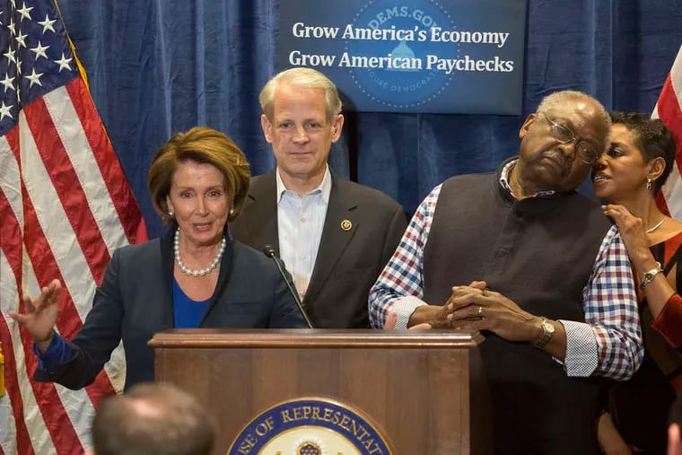 Minority Leader Nancy Pelosi of California speaks at a news conference at the Hyatt Regency at Penn's Landing as part of the Democratic conclave. With her were (from left) Reps. Steve Israel of New York, James E. Clyburn of South Carolina, and Donna Edwards of Maryland.
