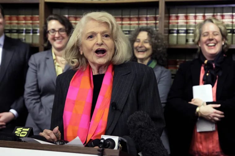 This Oct. 18, 2012, file photo shows Edith Windsor as she addresses a news conference at the offices of the New York Civil Liberties Union, in New York.