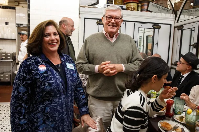 Common Pleas Court Judge Ellen Ceisler (left), a candidate for Commonwealth Court, and former Mayor Bill Green at Famous 4th Street Deli for the traditional Election Day lunch Tuesday, Nov. 7, 2017.