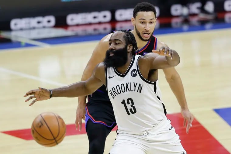 Brooklyn Nets guard James Harden loses the basketball against Sixers guard Ben Simmons during the third quarter on Saturday, February 6, 2021 in Philadelphia.