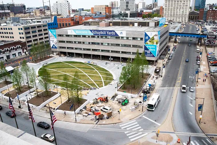 View from the roof of 30th St. Station, Philadelphia on April 24, 2019 shows area to the west of 30th St. slated for the Schuylkill Yards development. The new Drexel Square park is in the foreground.
Photo by Jon Snyder / Staff
