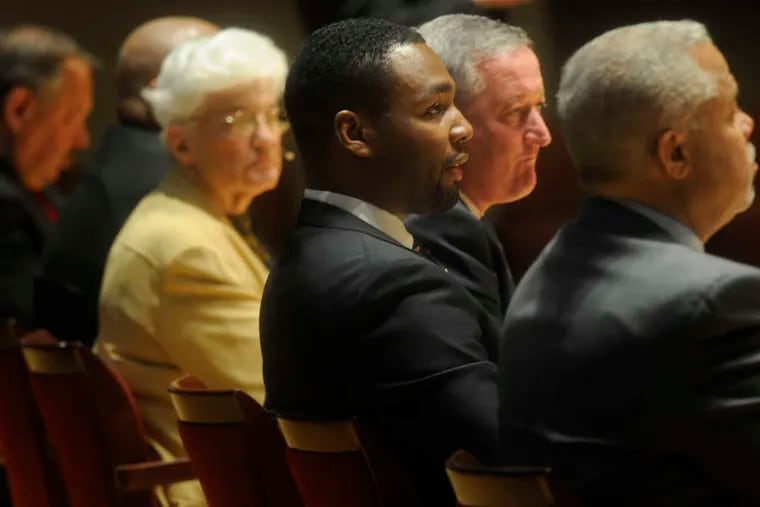 Seated from left, Nelson A. Diaz, T. Milton Street Sr., Lynne M. Abraham, Doug Oliver, James F. Kenney, and Anthony Hardy Williams during the debate at the Temple Performing Arts Center.