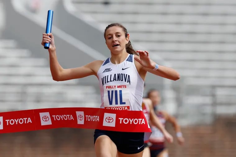 McKenna Keegan, anchor for Villanova, wins the women’s sprint medley relay during the Philly Mets track meet at the Franklin Field.