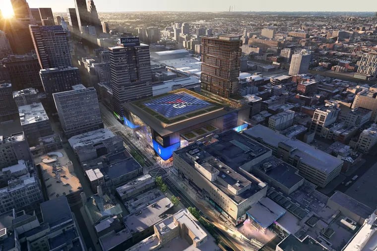 An aerial view of the new Sixers arena design between 10th and 11th and Market and Filbert Streets, which now includes an apartment building.