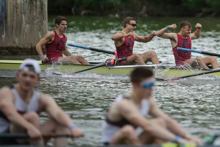 Colgate's rowers rejoice after winning the men's varsity heavyweight eight final at the 81st annual Dad Vail Regatta on the Schuylkill on May 11, 2019.