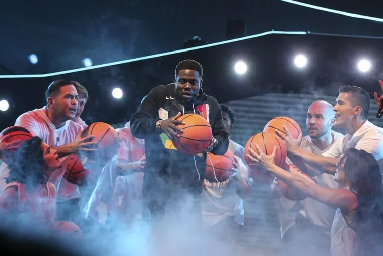 Kevin Hart is center stage during a pregame show before the NBA All-Star Game on Sunday, Feb. 18, 2018 at Staples Center in Los Angeles, Calif.