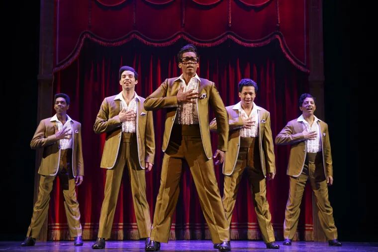 Garfield Hammonds as David Ruffins of the Temptations, and the cast of “Motown: The Musical,” through June 11 at the Academy of Music.