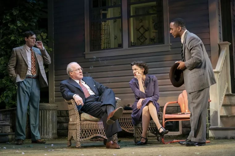 (Left to right:) Benjamin Walker, Tracy Letts, Annette Bening, and Hampton Fluke in "All My Sons" at the Roundabout Theatre Company at American Airlines Theatre in New York.