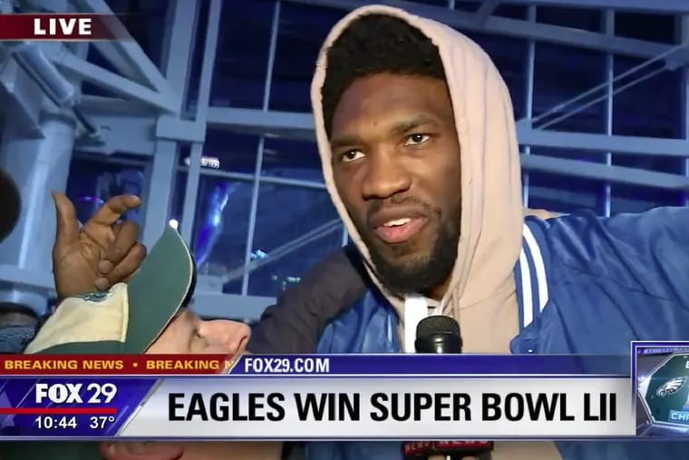 Sixers star Joel Embiid surprises FOX 29’s Chris O’Donnell during his live broadcast following the Eagles 41-33 victory over the Patriots in Super Bowl LII.
