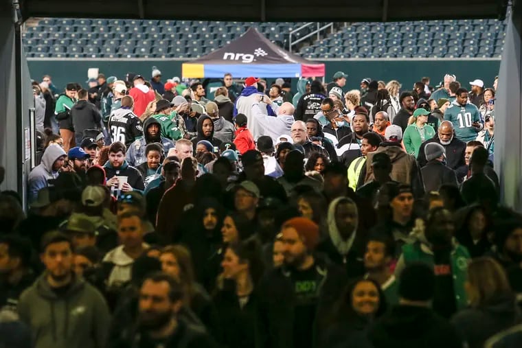 Eagles Draft Night, Fans on the field at Lincoln Financial waiting for the team picks in the draft, Thursday, April 28, 2022