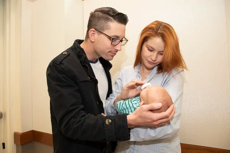 Taylor Tritten (left) and Elenilza Tritten with newborn son, Denver, at Virtua Health and Wellness Center in Cherry Hill, where Elenilza came for a heart checkup.