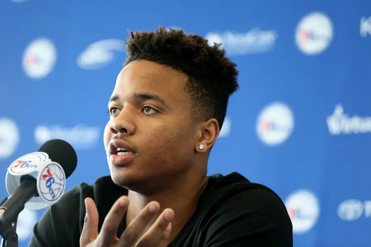 Sixers’ rookie guard Markelle Fultz talks to reporters after his exit interview on Thursday.
