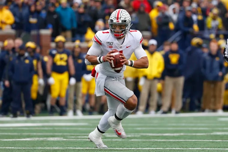 Ohio State quarterback Justin Fields (1), shown last week against Michigan, is a little banged up going into the Big Ten championship game Saturday against Wisconsin.