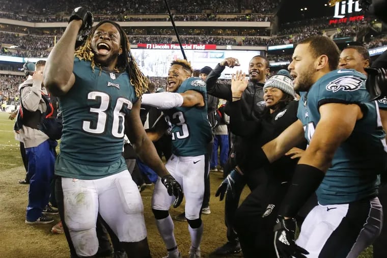 Jay Ajayi, left, won’t be the only one dancing if the Eagles win the Super Bowl. An unidentified gambler, with an impressive recent track record. is putting heavy bets at Vegas sportsbooks on the Eagles to win Sunday.