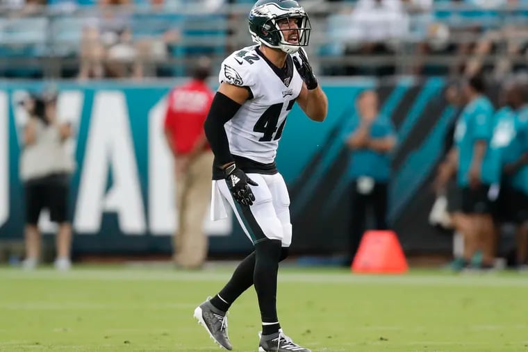 Eagles strong safety Andrew Sendejo on the field against the Jacksonville Jaguars in a preseason game.