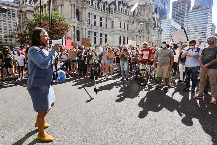 Keir Bradford-Grey, chief defender of the Defender Association of Philadelphia, spoke to racial-justice protesters near the Stout Center for Criminal Justice and City Hall in June.