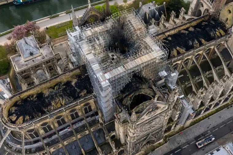 An image made available by Gigarama.ru on Wednesday April 17, 2019 shows an aerial shot of the fire damage to Notre Dame cathedral in Paris on Tuesday, April 16. (Gigarama.ru via AP)