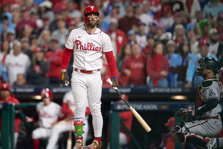 Phillies first baseman Bryce Harper reacts after striking out during the fifth inning of Game 6 against the Arizona Diamondbacks.