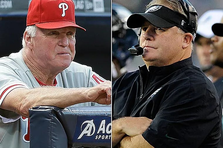 Former Phillies manager Charlie Manuel and Eagles head coach Chip Kelly. (AP photos)