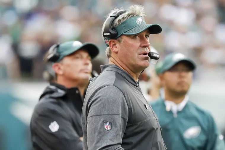 Eagles Head Coach Doug Pederson watches his team against the Arizona Cardinals on Sunday, October 8, 2017 in Philadelphia. YONG KIM / Staff Photographer