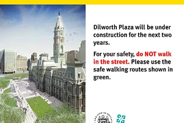 City officials plan to distribute information cards like this one, which includes a map showing preferred pedestrian routes through the construction zone.