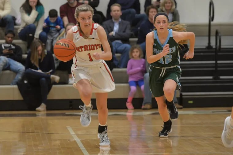 Elle Stauffer of Germantown Academy drives down the court followed by Elizabeth Talluto of Shipley in a PAISAA semifinal game on February, 23rd 2018.