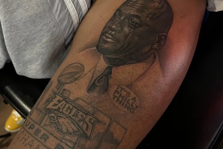 Malcolm Garland got a crying Michael Jordan tattooed above his Eagles Super Bowl LVII tattoo after the Eagles lost the Super Bowl to the Kansas City Chiefs.