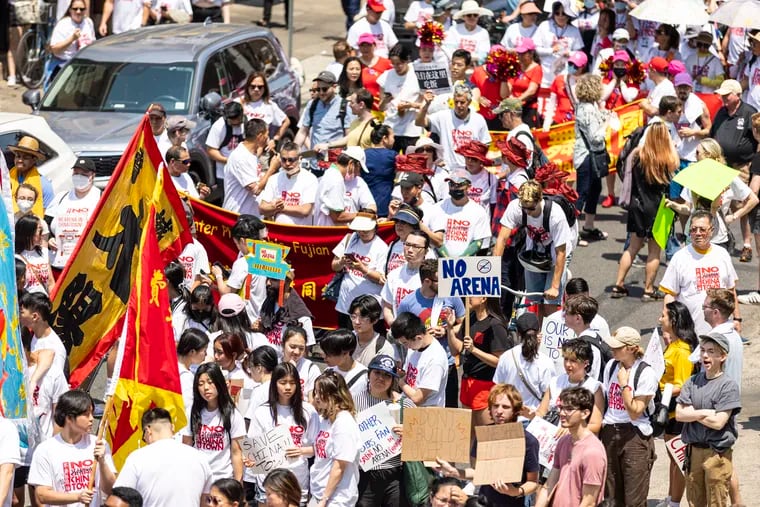 Opponents of the Sixers' plans for a new arena on the edge of Chinatown gather Saturday for a march through downtown.