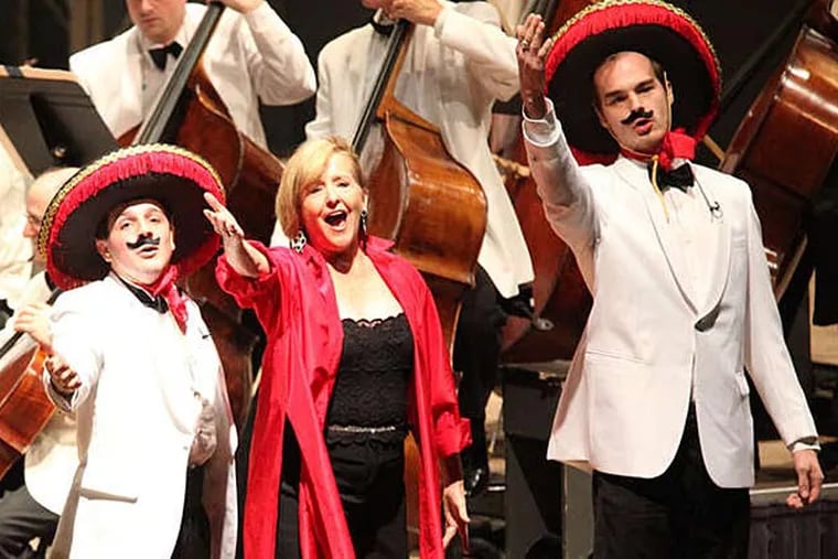 Frederica von Stade with Tanglewood Music Center fellows Ryan Casperson and Sam Filson Parkinson in &quot;Candide&quot; with the Boston Symphony Orchestra on Saturday. She sang with the dramatic integrity shown in her recent Opera Philadelphia &quot;A Coffin in Egypt&quot; - and funnier.