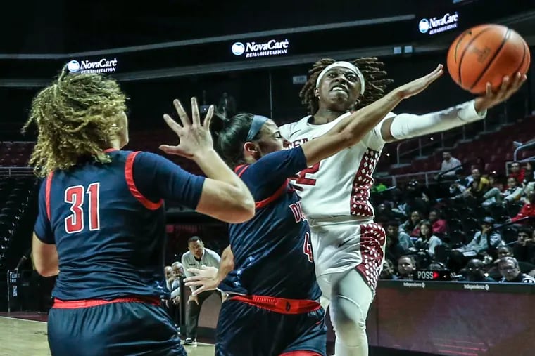 Aleah Nelson (right) has been one of the stars of an eight-player Temple team. Nelson and the Owls have high aspirations heading into Monday's American Athletic Conference tournament.