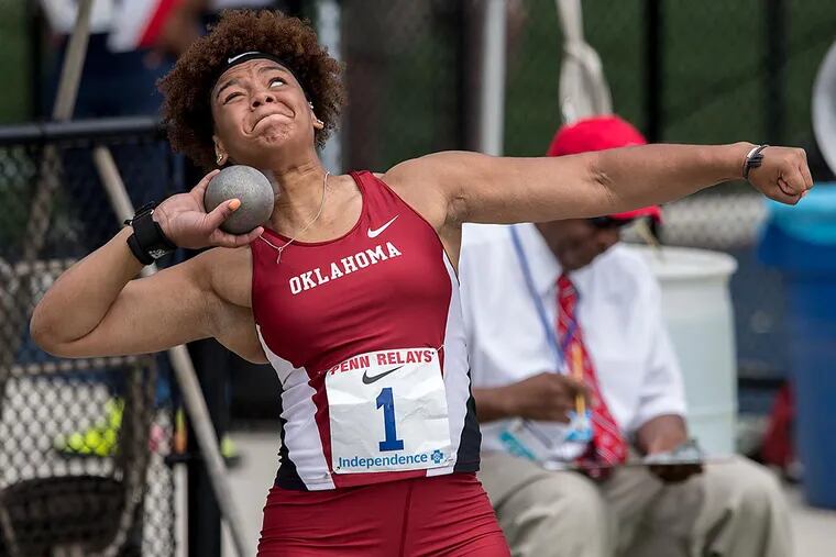 University of Oklahoma shotputter Jessica Woodard competing at the 123rd Penn Relays.