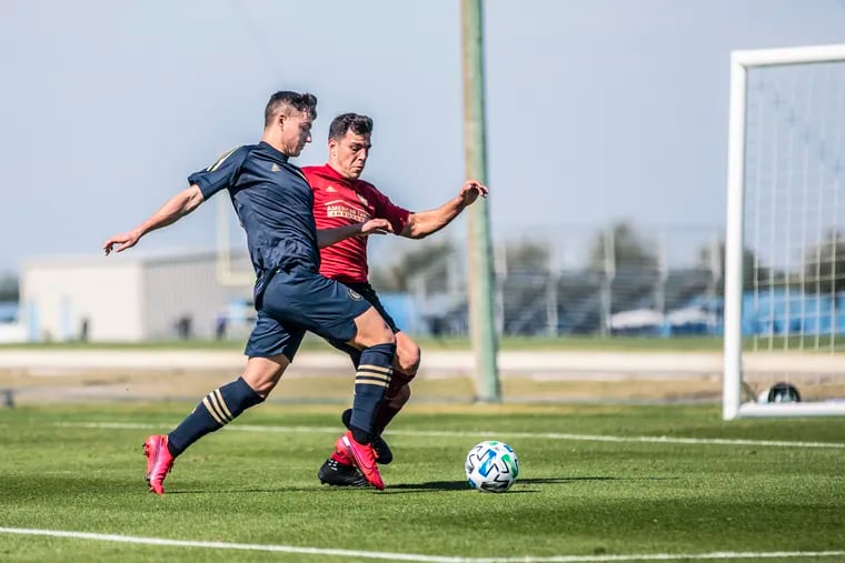Union midfielder Anthony Fontana (left) playing in a preseason scrimmage against Atlanta United on Jan. 29.