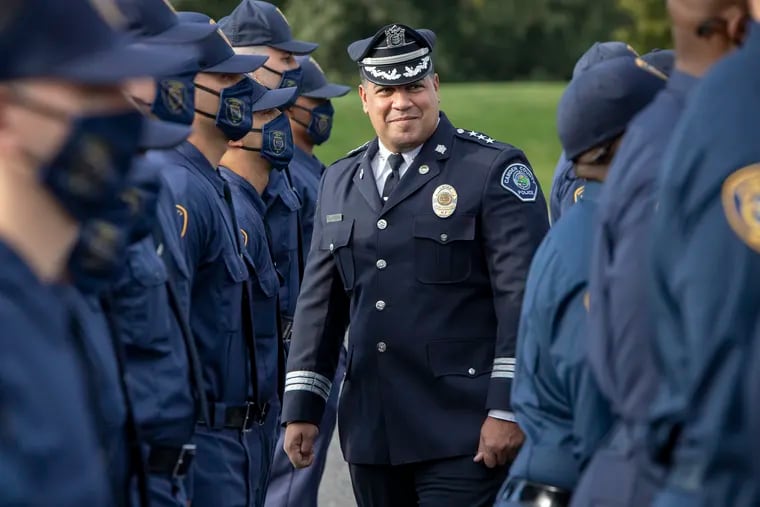 Camden County Police Chief Gabe Rodriguez inspecting recruits. Before he was sworn in last December, it had been 15 years since a Latino man or Camden native had served as chief.