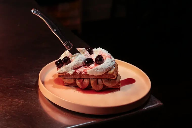 Coffee and vanilla mille feuille with brandied cherries at Roxanne, 912 Christian Street, supper club-style byob multi-course tasting menus that constantly change. Monday, January 16, 2023.