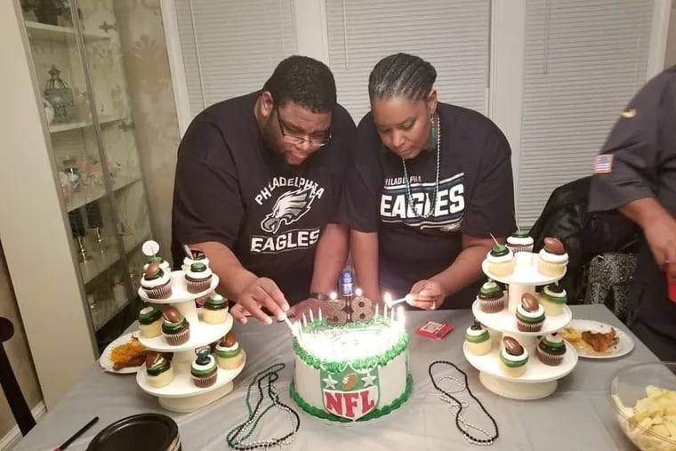 Shakia Harris got her husband, Robert Harris, a birthday cake combining his love of the Eagles and E&J brandy.