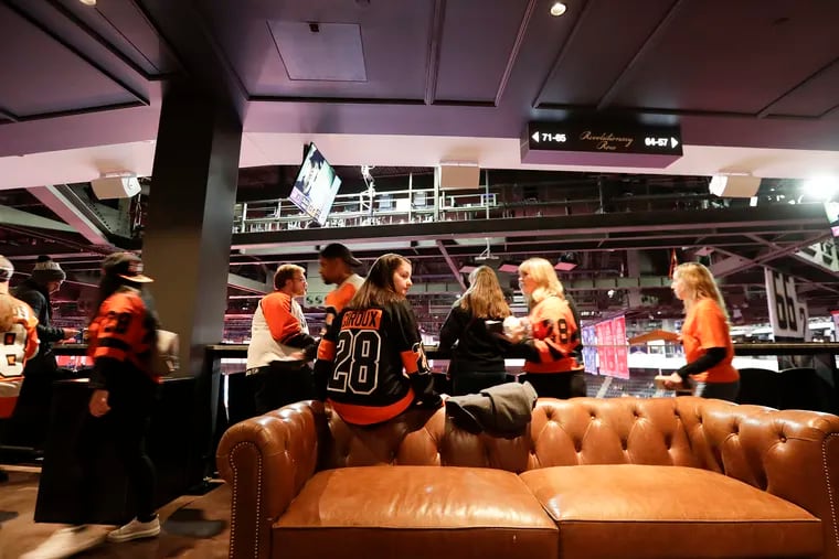 Flyers fans gather in the Assembly Room, a new section at the top level of the Wells Fargo Center, before the Flyers played the Colorado Avalanche on Saturday, February 1, 2020.