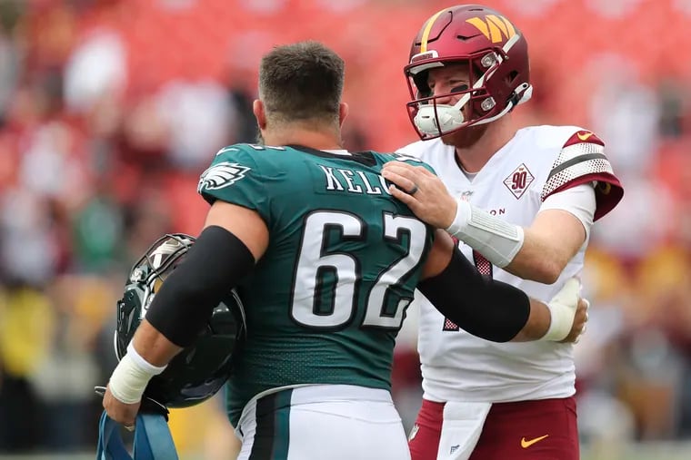 Eagles center Jason Kelce and the rest of the offensive line had plenty of opportunity for rest ahead of their matchup against the Washington Commanders, who still are without Carson Wentz.